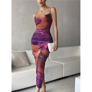 Tie Dye Draped Collar Split Thigh Cami Dress for Women, Elegant Summer Dress
